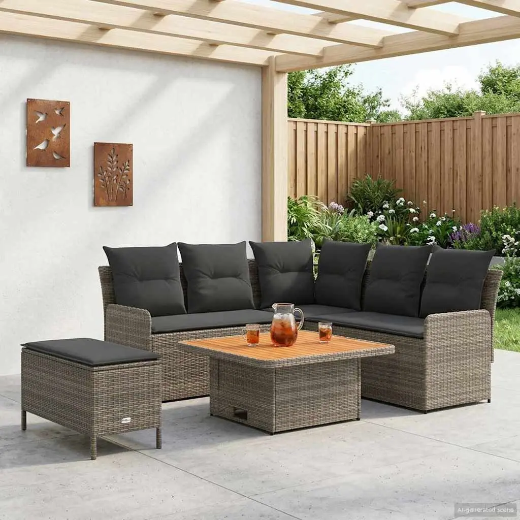 5 Piece Outdoor Indoor Furniture Set Grey Rattan Cushions Acacia Wood Steel Frame