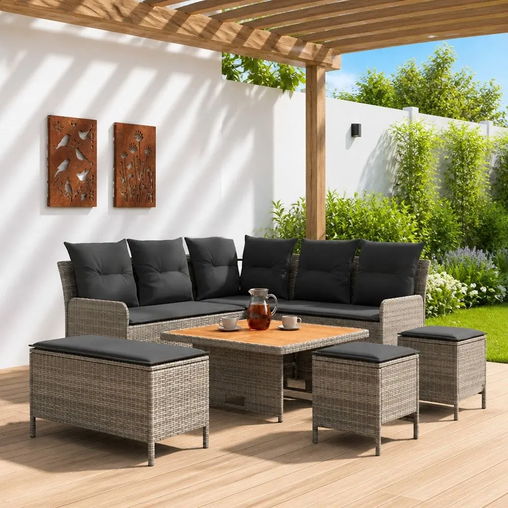Outdoor Furniture Set Grey PE Rattan 7 Piece Patio Lounge Seating with Cushions