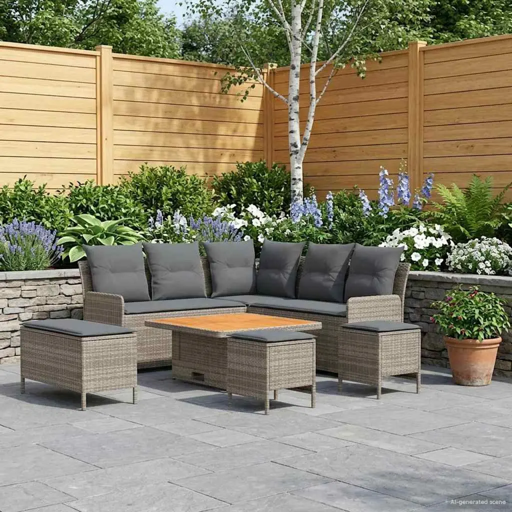 Outdoor Furniture Set Grey PE Rattan 7 Piece Patio Lounge Seating with Cushions