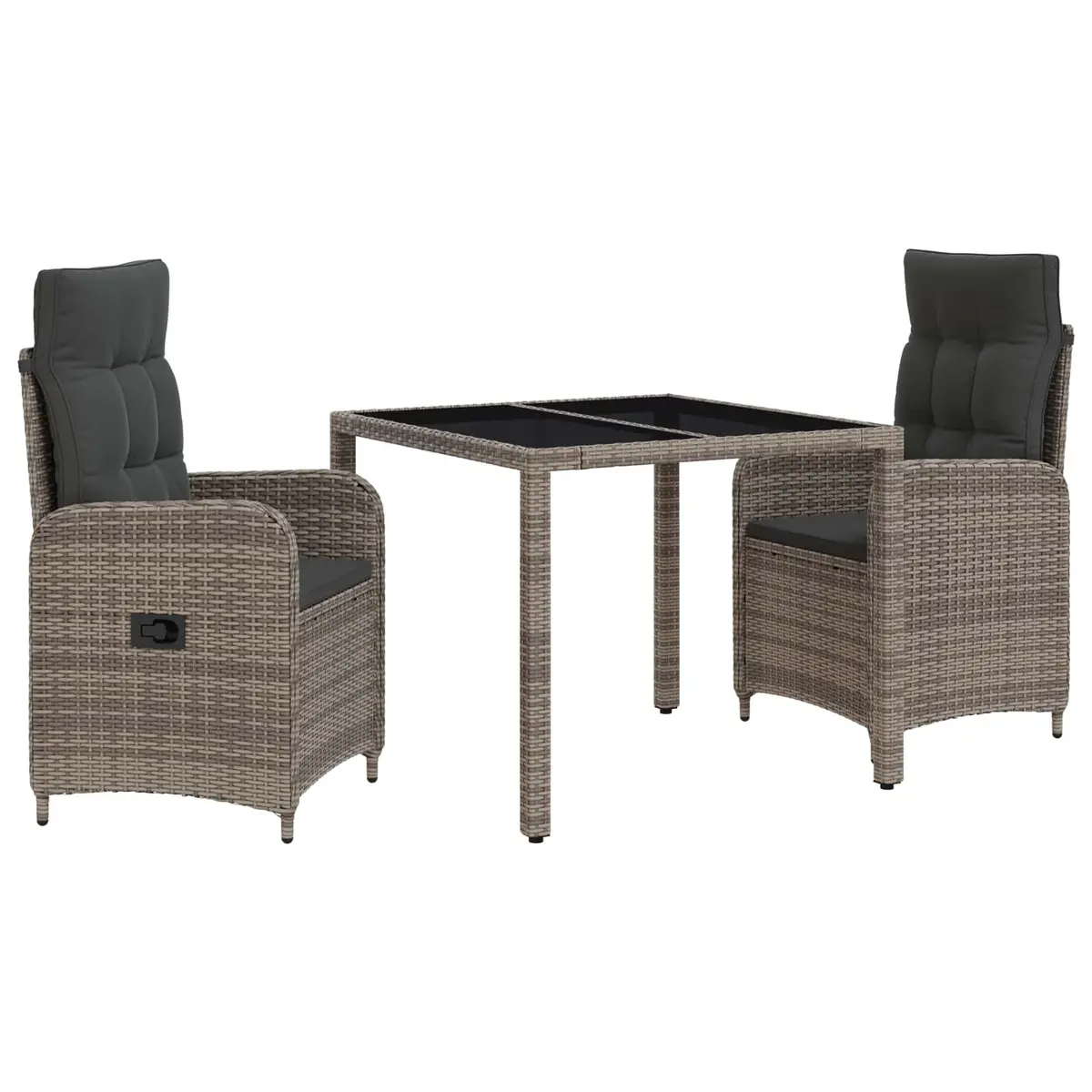 Outdoor Dining Set Modern 3 Pieces Grey Steel Frame Poly Rattan Tempered Glass Polyester Cushions