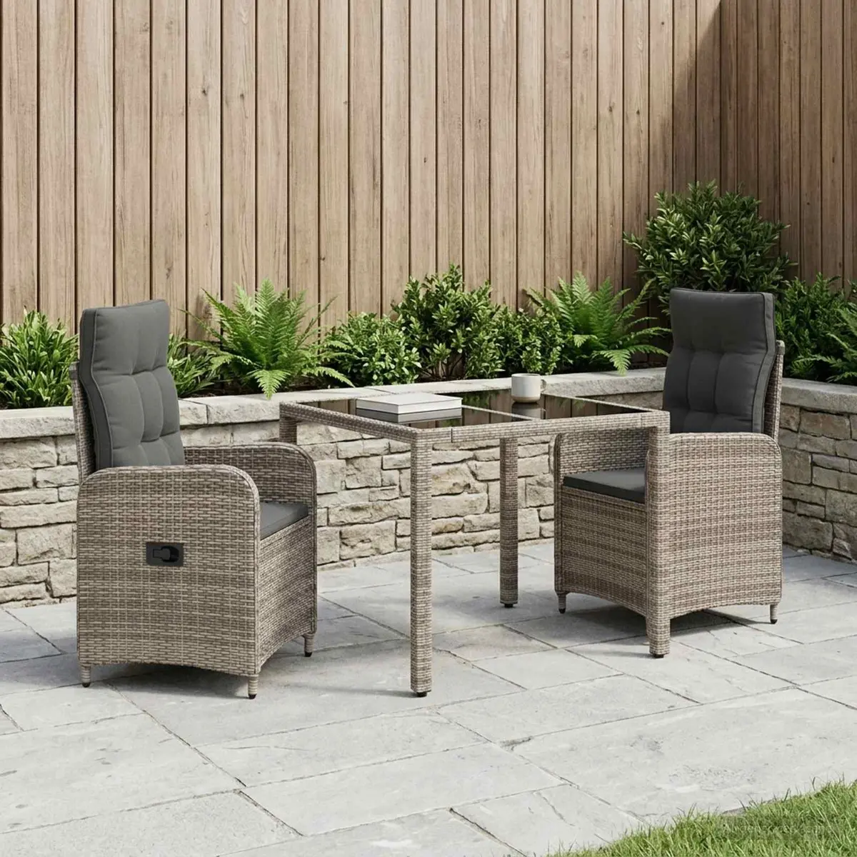 Outdoor Dining Set Modern 3 Pieces Grey Steel Frame Poly Rattan Tempered Glass Polyester Cushions