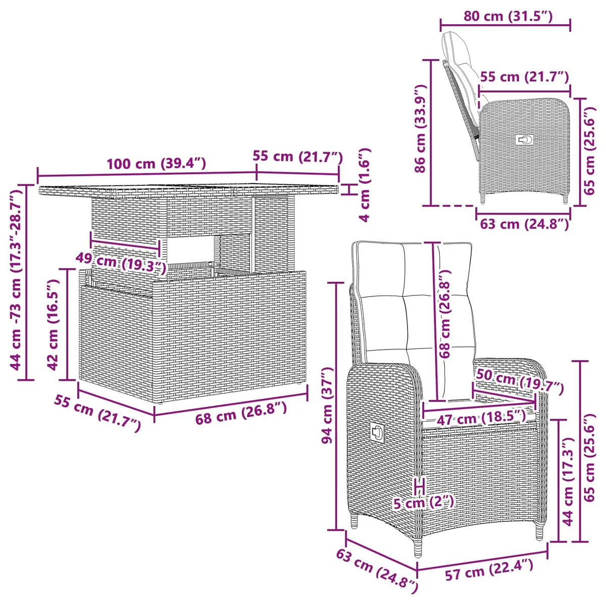 Outdoor Dining Set Black Poly Rattan 3 Piece Garden Furniture