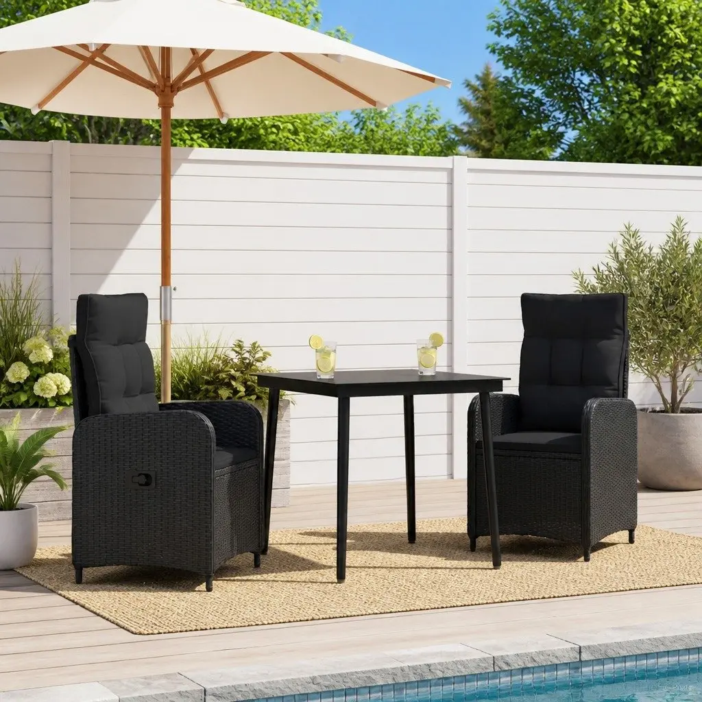 Outdoor Sofa Table Set Black PE Rattan Steel Frame 3 Piece