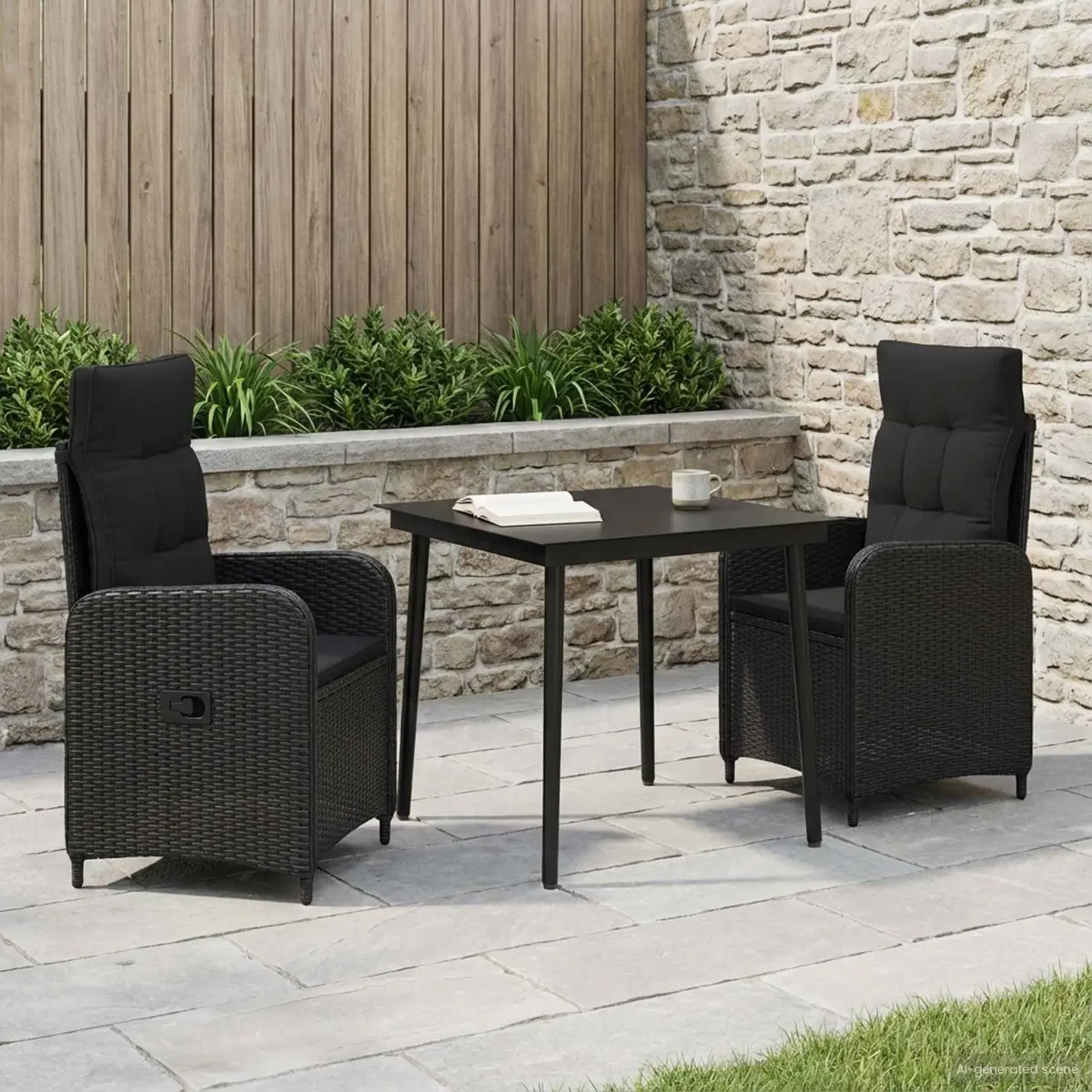 Outdoor Sofa Table Set Black PE Rattan Steel Frame 3 Piece