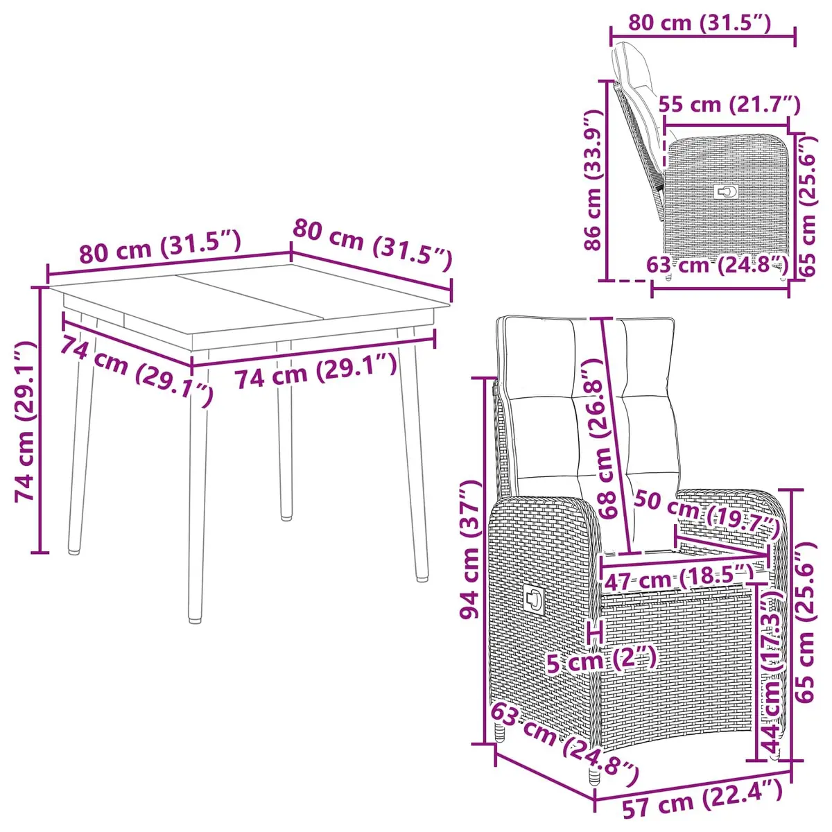 Outdoor Sofa Table Set Black PE Rattan Steel Frame 3 Piece