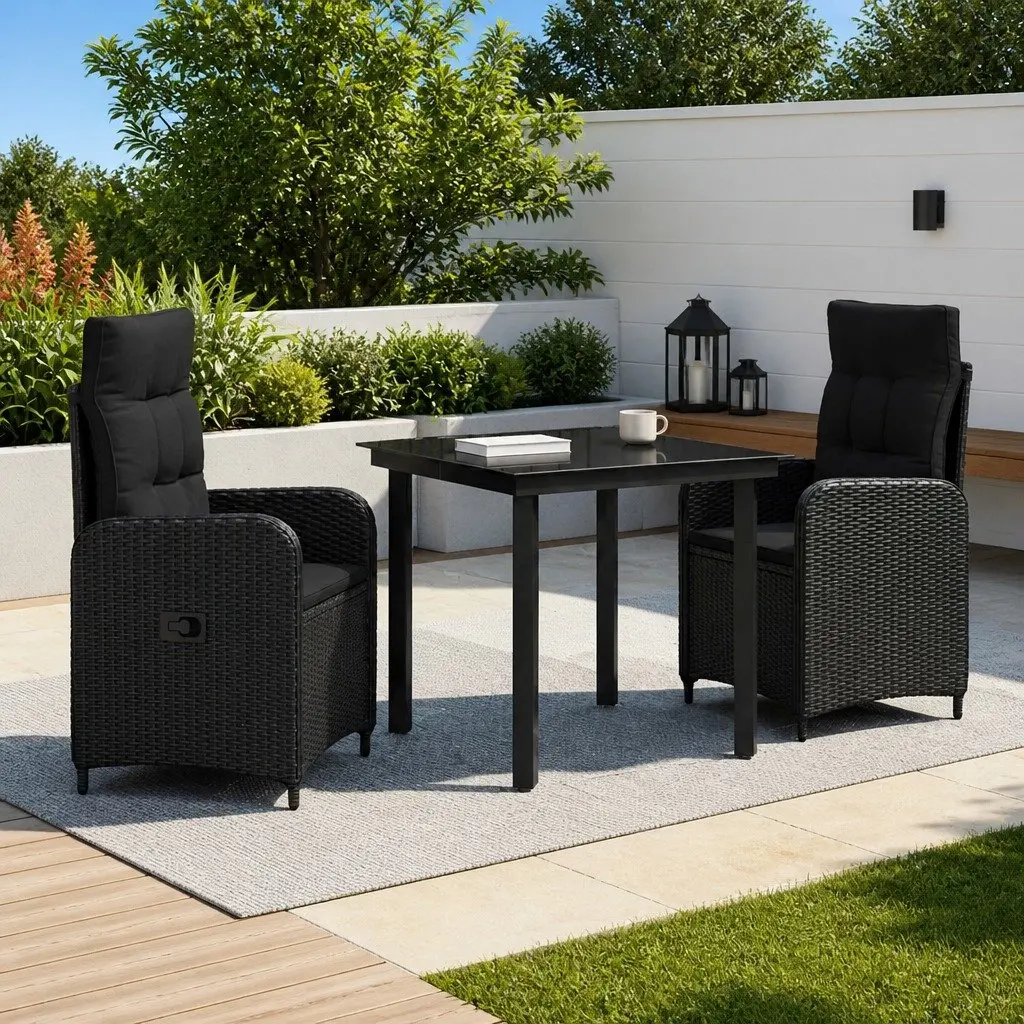 Garden Dining Set Black PE Rattan 3 Piece Outdoor Table Chairs Patio Furniture Set