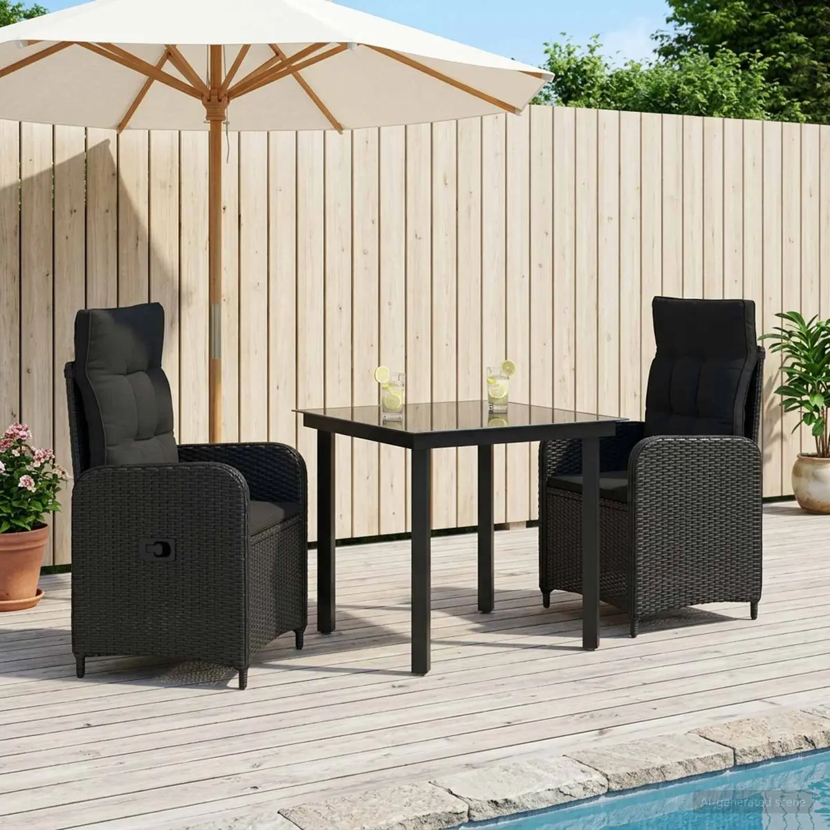 Garden Dining Set Black PE Rattan 3 Piece Outdoor Table Chairs Patio Furniture Set