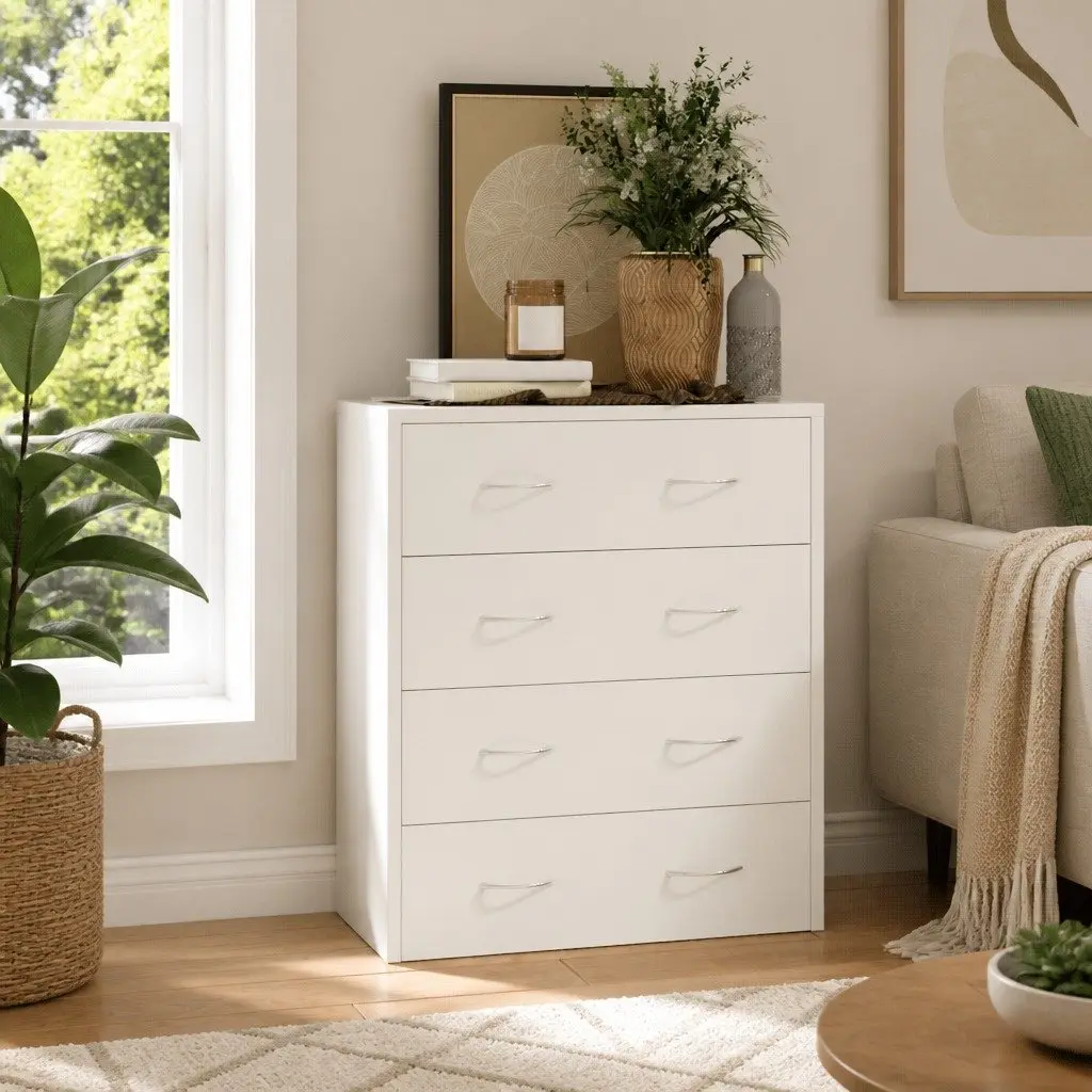 Sideboard Cabinet High Gloss White 60x30.5x71cm Engineered Wood 4 Drawers Storage Furniture