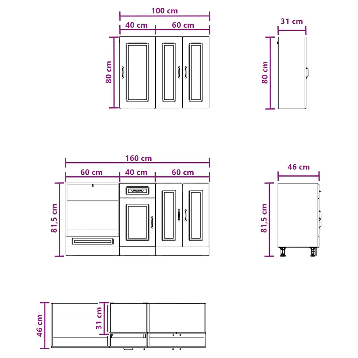 Kitchen Unit Modern White 5 Piece Engineered Wood Storage Cabinets Adjustable Shelves