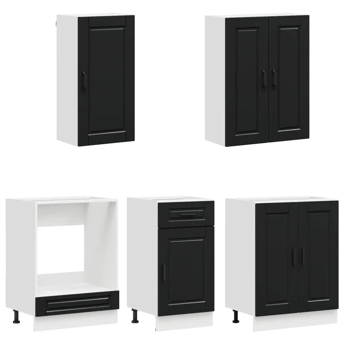 5 Piece Black Kitchen Cabinet Unit Engineered Wood Storage Furniture