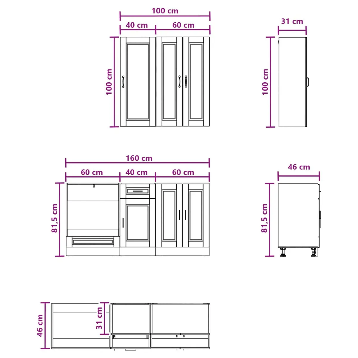 Black Kitchen Cabinet Unit 5 Piece Engineered Wood Storage Furniture