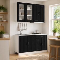 4 Piece Black Engineered Wood Kitchen Unit with Worktop