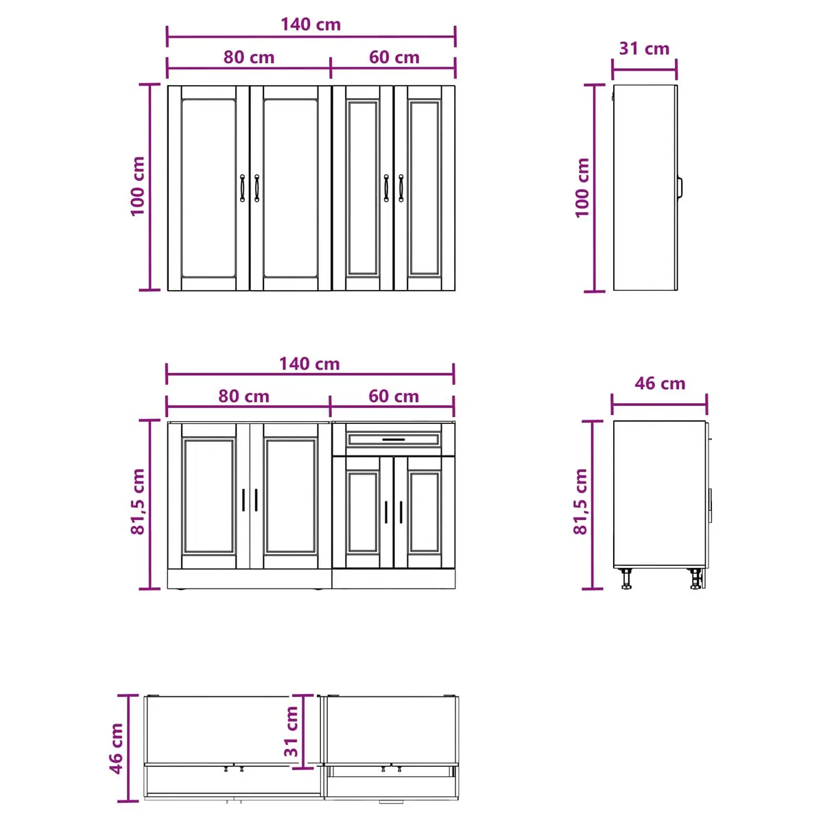 Kitchen Unit High Gloss White 4 Piece Engineered Wood Storage Cabinet