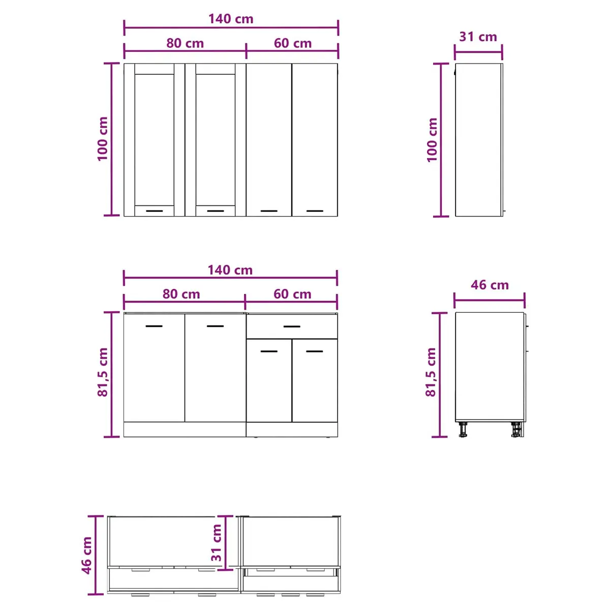 Kitchen Unit White 4 Piece Engineered Wood Storage Cabinet Set