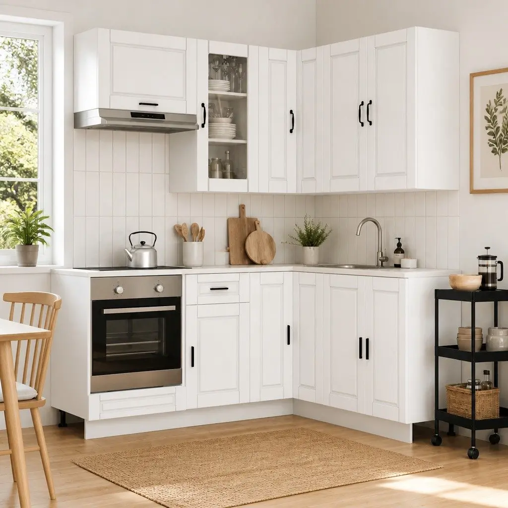8-Piece White Engineered Wood Kitchen Cabinet Set