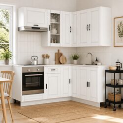 8-Piece White Engineered Wood Kitchen Cabinet Set