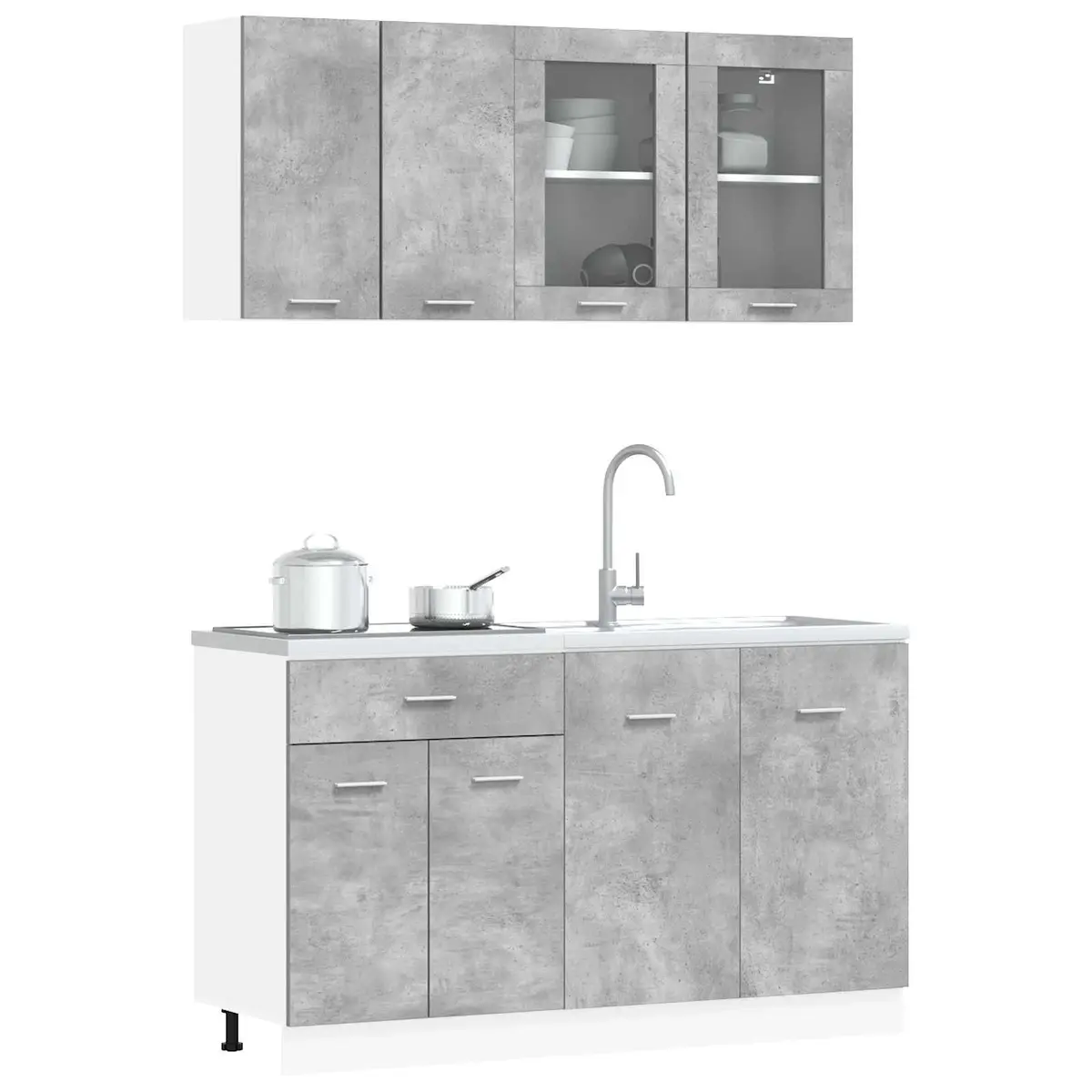 Kitchen Cabinet Set Grey 4 Piece Engineered Wood Storage Unit Drawers Shelves