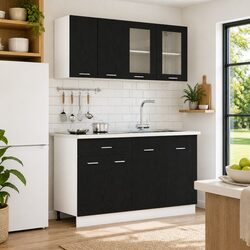 4 Piece Kitchen Cabinet Set in Black Oak