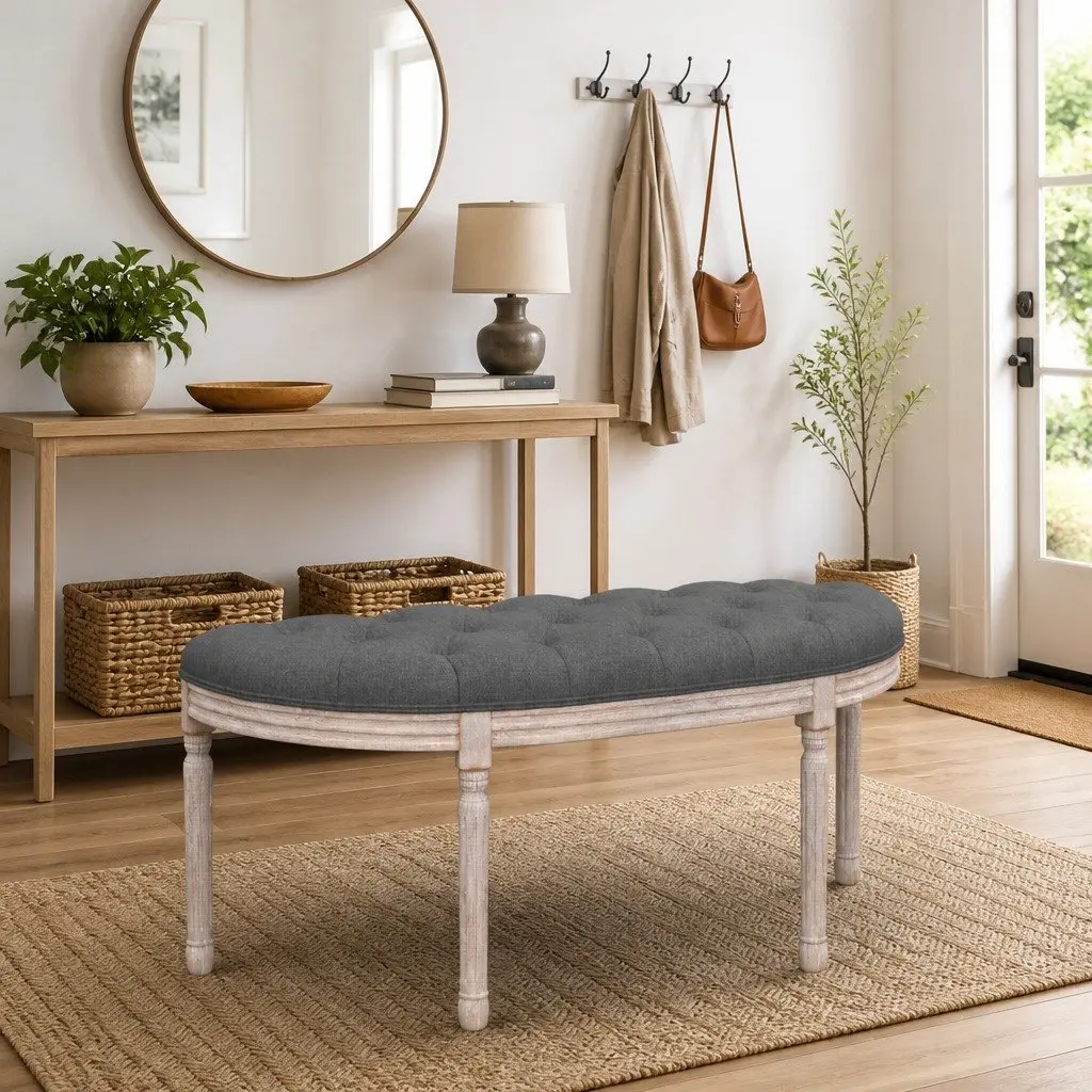 Grey Fabric Bench with Wooden Legs for Living Spaces