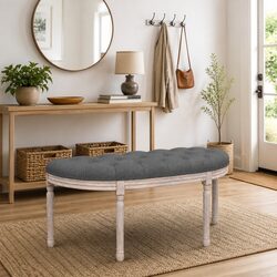 Grey Fabric Bench with Wooden Legs for Living Spaces
