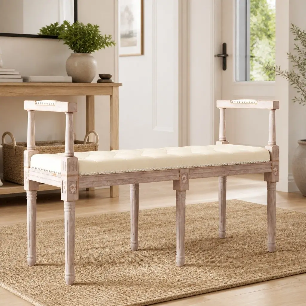 Linen Bench with Wood Legs 110x40x70 cm