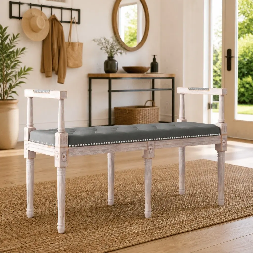 Bench Grey Fabric Seat Tufted Padded Cushion Wooden Legs