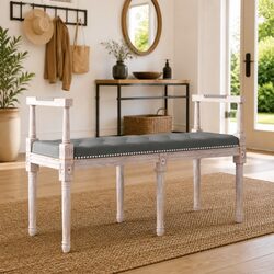 Grey Fabric Bench with Wooden Legs for Living Spaces