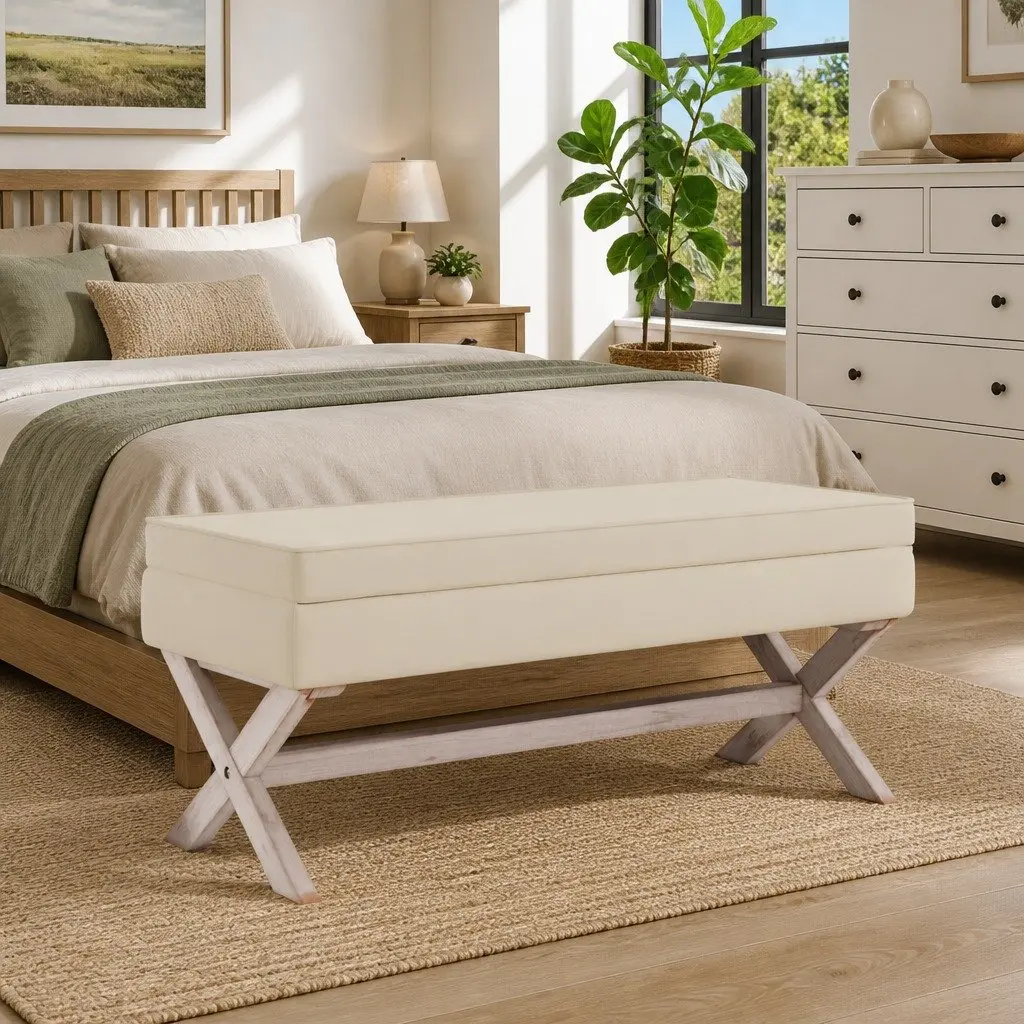 Beige Linen Storage Stool Bench 110x45x49cm