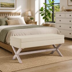 Elegant Beige Linen Storage Stool Bench 110x45x49cm