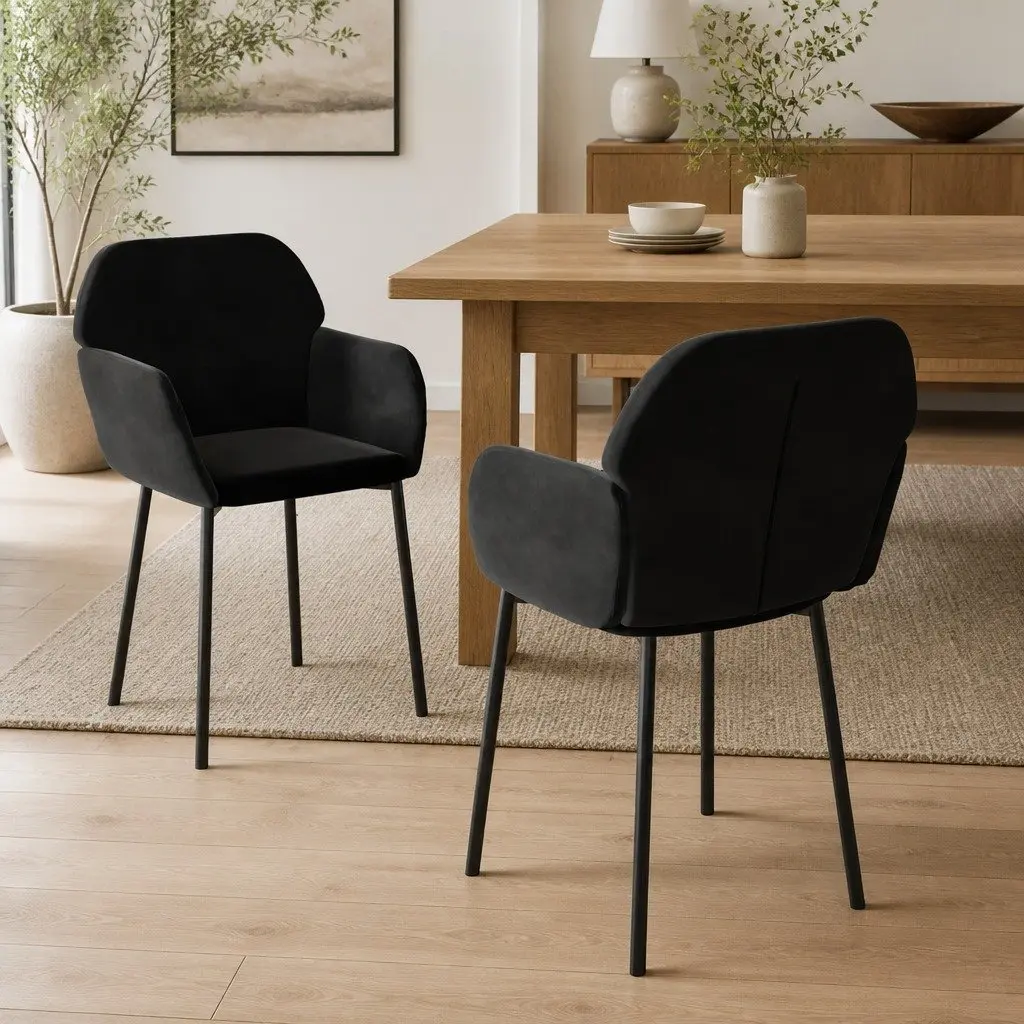 Dining Chairs Black Velvet 2 pcs Padded Foam Armrest Backrest Metal Plywood Frame