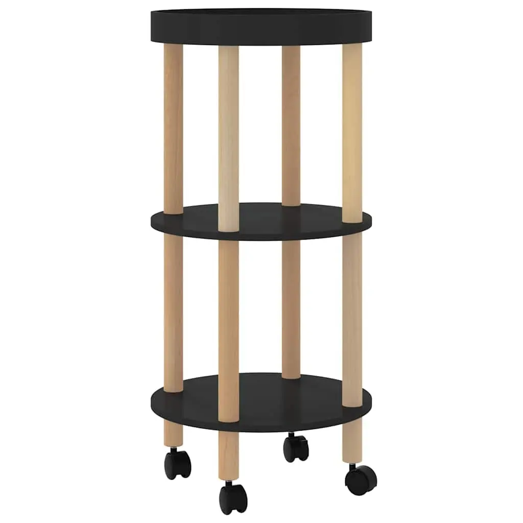 3-Tier Kitchen Trolley Black Engineered Wood Storage Cart Lockable Wheels