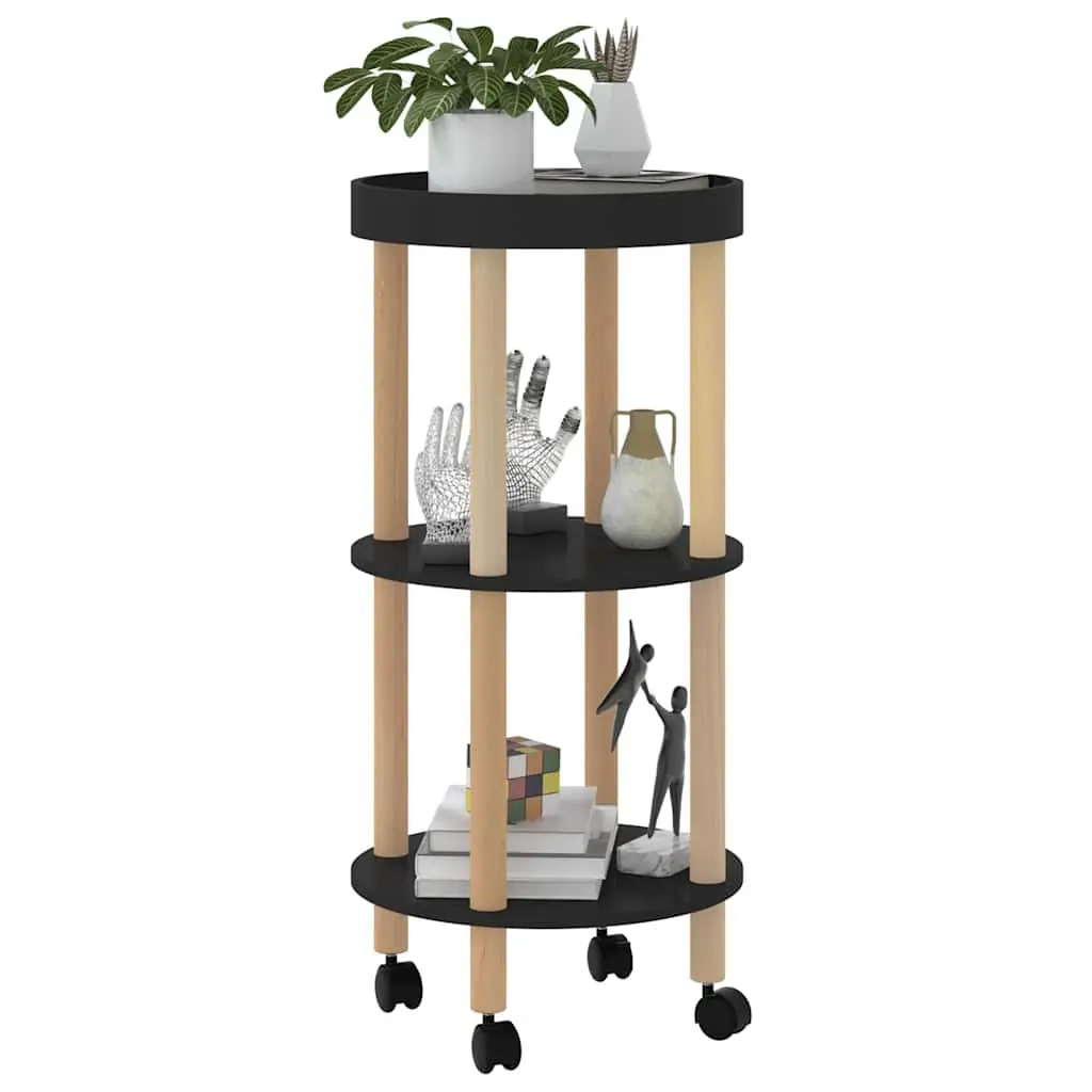 3-Tier Kitchen Trolley Black Engineered Wood Storage Cart Lockable Wheels