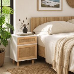 Scandinavian-Style White Bedside Cabinet with Rattan Weaving