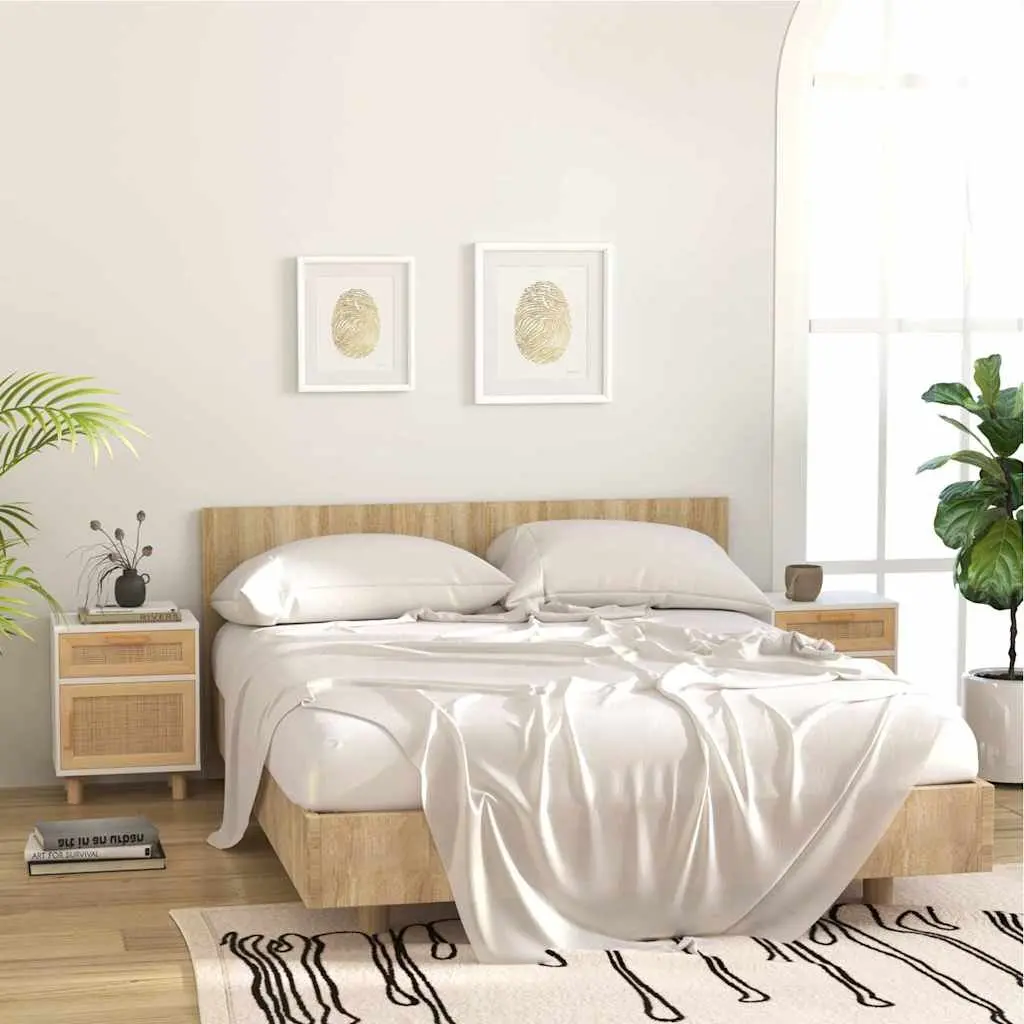 Bedside Table White Engineered Wood Rattan Weaving 1 Drawer Storage Compartment