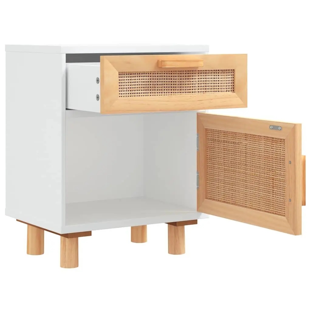 Bedside Table White Engineered Wood Rattan Weaving 1 Drawer Storage Compartment