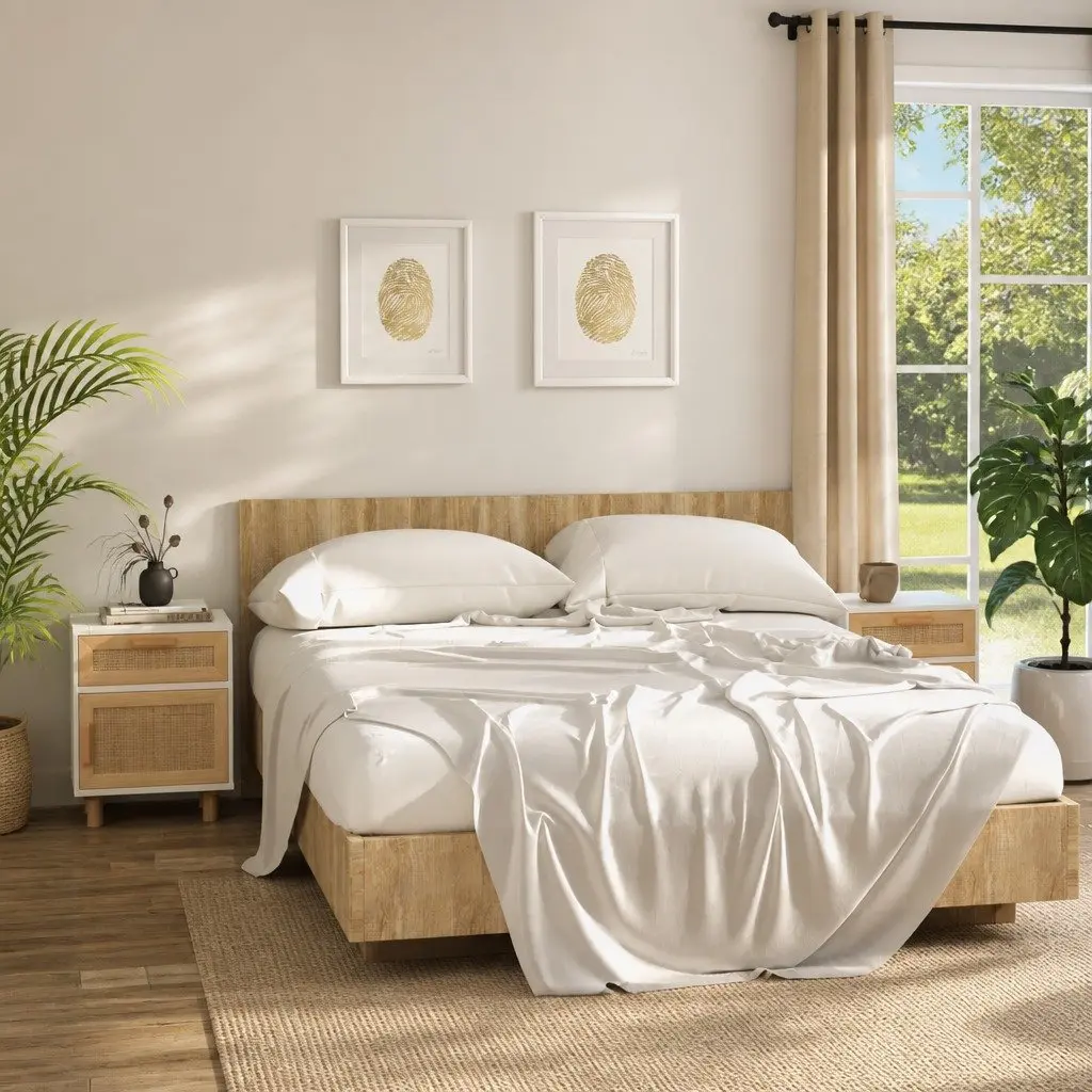 White Solid Pine Wood Bedside Cabinets with Rattan Drawers