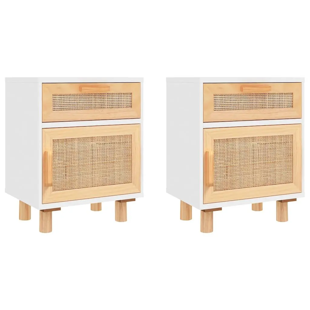 White Solid Pine Wood Bedside Cabinets with Rattan Drawers