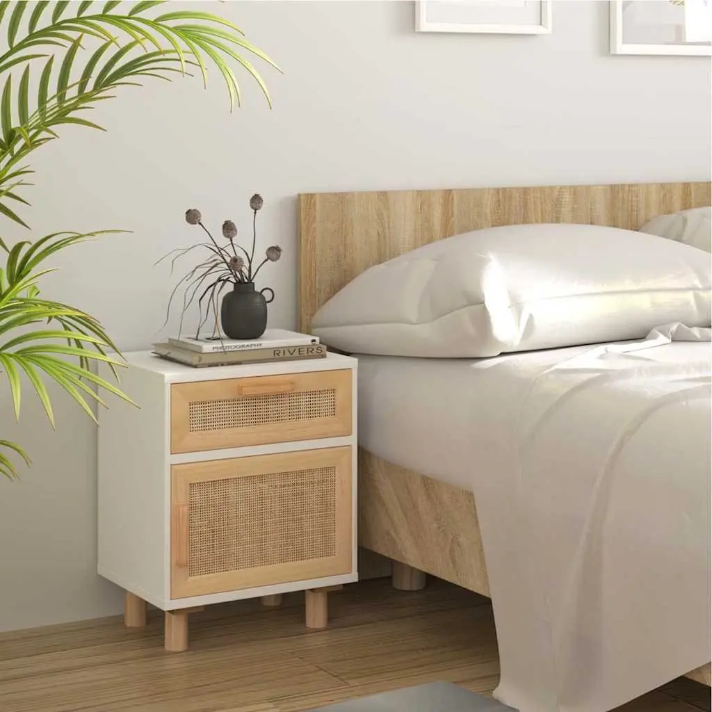 White Solid Pine Wood Bedside Cabinets with Rattan Drawers