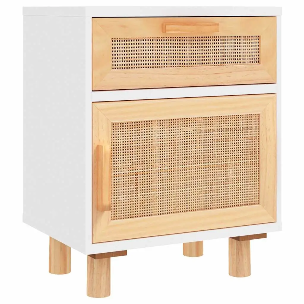 White Solid Pine Wood Bedside Cabinets with Rattan Drawers