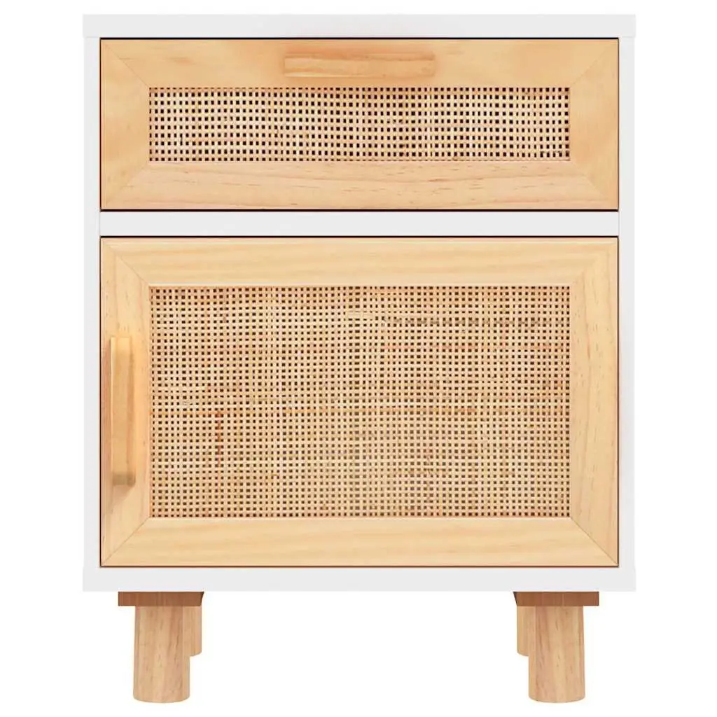 White Solid Pine Wood Bedside Cabinets with Rattan Drawers
