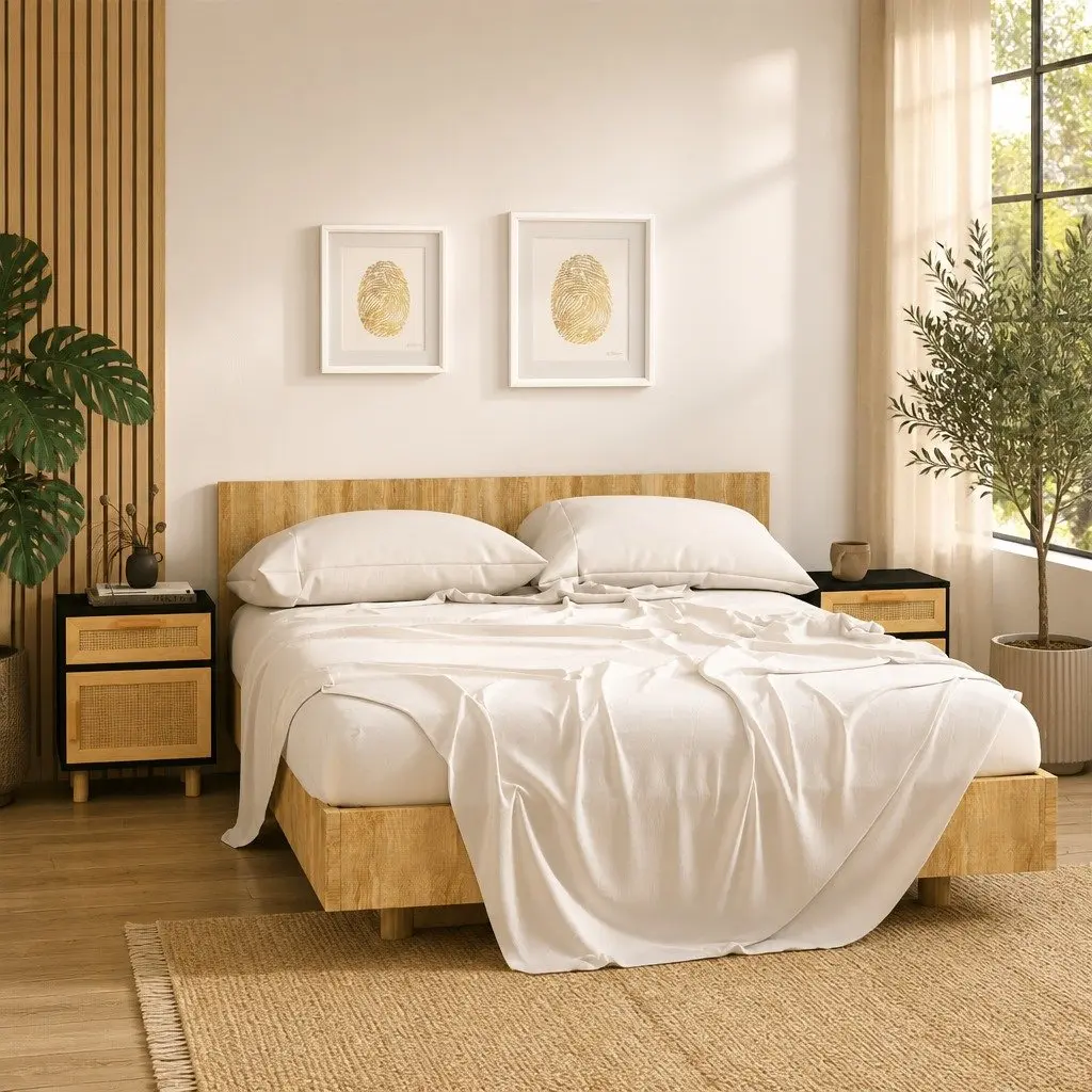 Black Rattan Nightstand Set of 2 with Pine Wood Feet