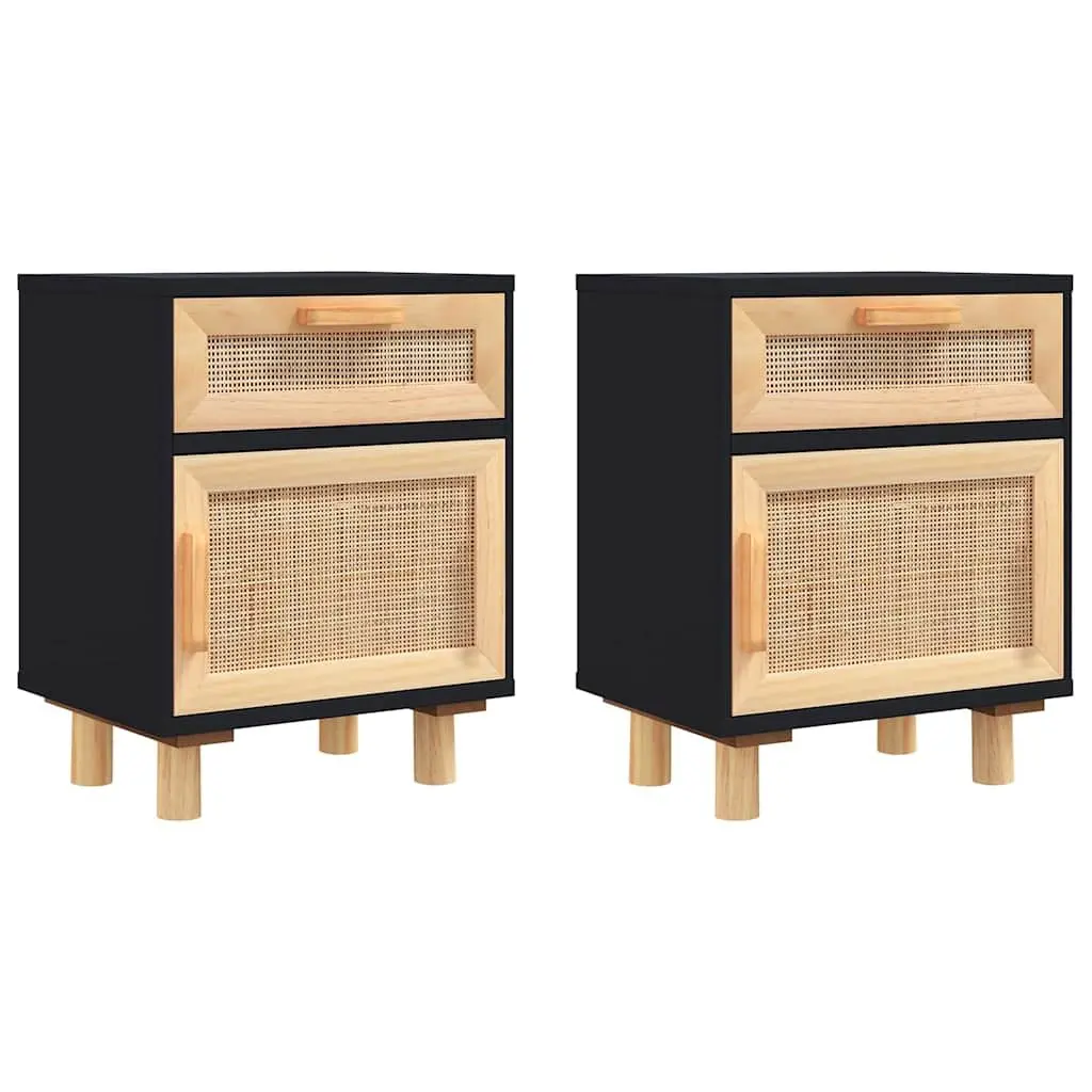 Black Rattan Nightstand Set of 2 with Pine Wood Feet