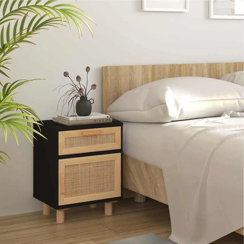 Black Rattan Nightstand Set of 2 with Pine Wood Feet