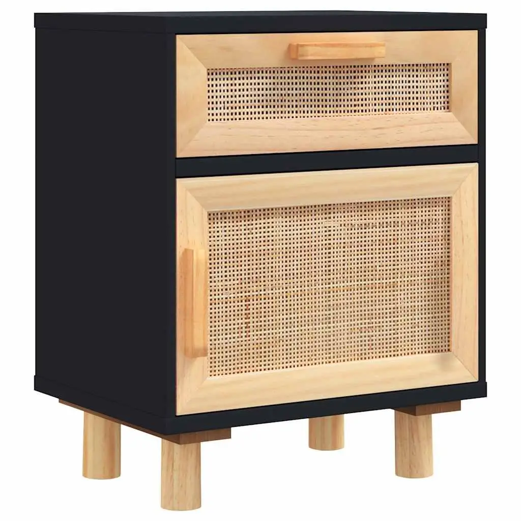 Black Rattan Nightstand Set of 2 with Pine Wood Feet