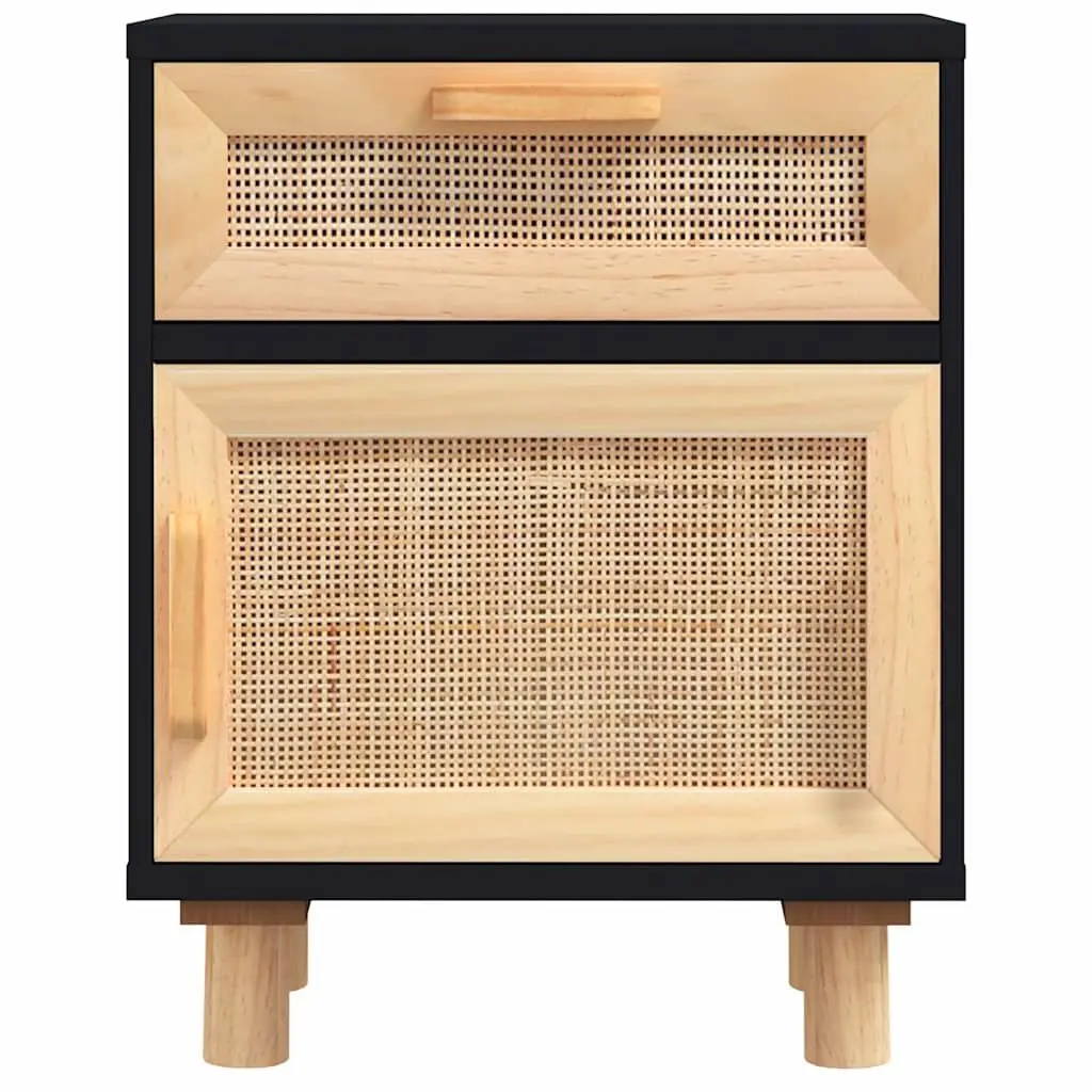 Black Rattan Nightstand Set of 2 with Pine Wood Feet