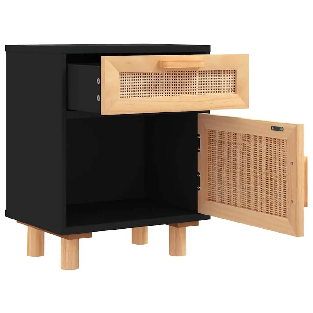 Black Rattan Nightstand Set of 2 with Pine Wood Feet