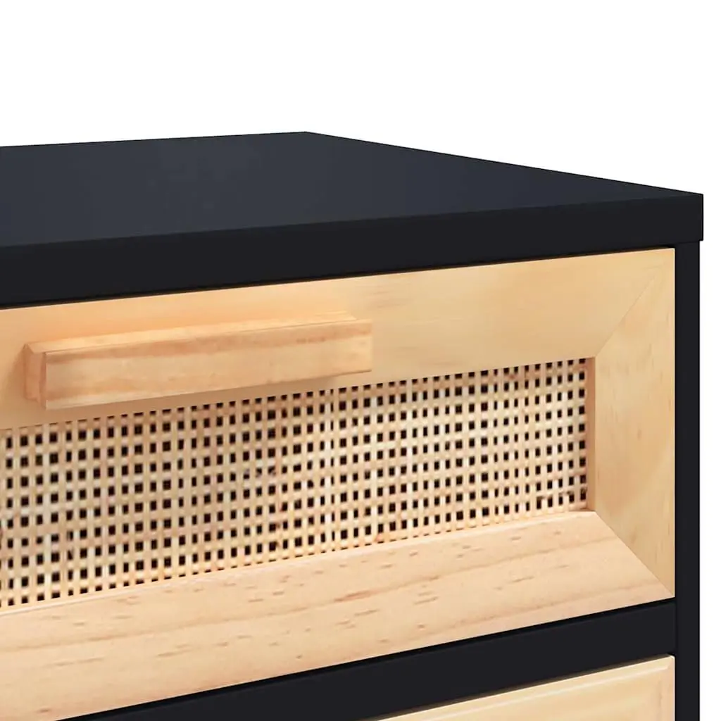 Black Rattan Nightstand Set of 2 with Pine Wood Feet