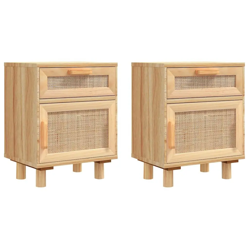 Bedside Cabinet 2 pcs Brown Solid Wood Pine Rattan Storage Drawer Nightstand