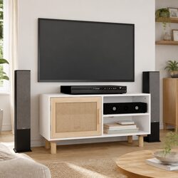 White Rattan Door TV Cabinet with 3 Storage Compartments