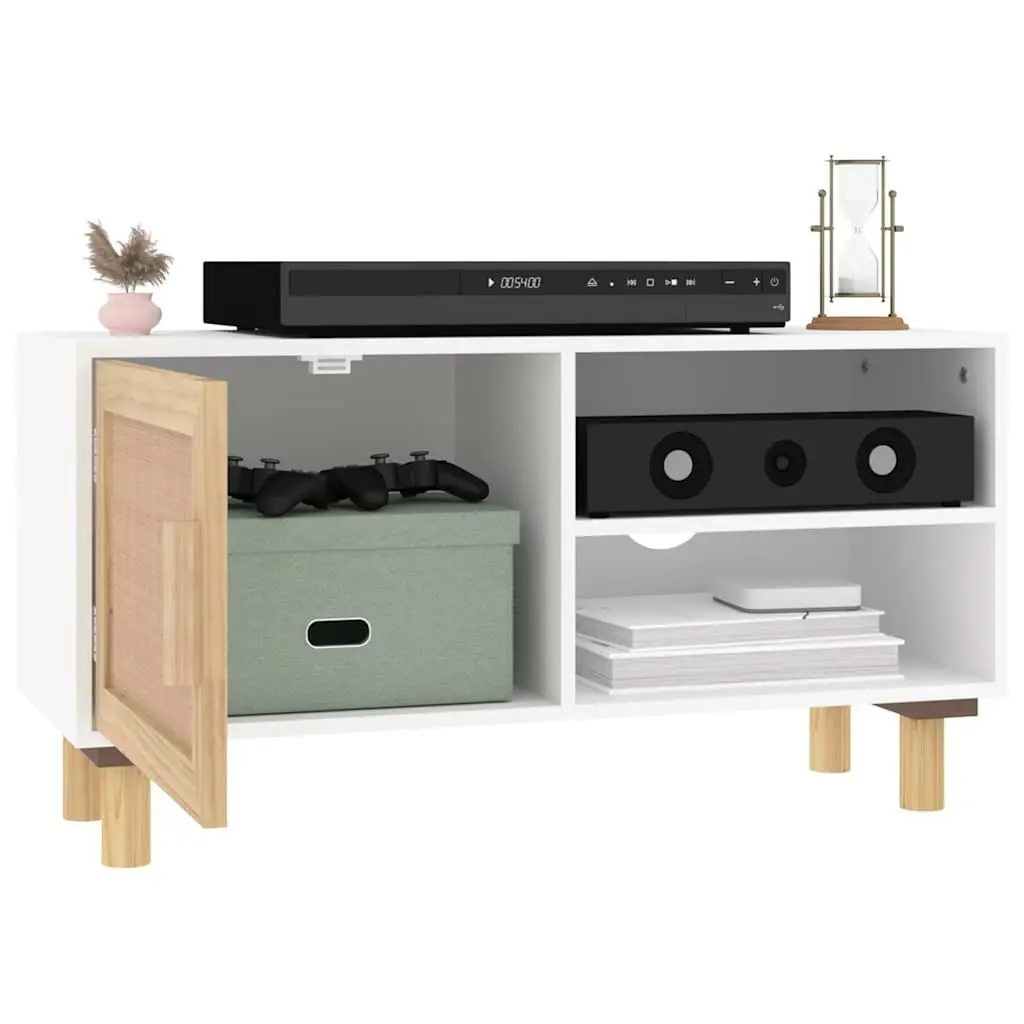 White Rattan Door TV Cabinet with 3 Storage Compartments